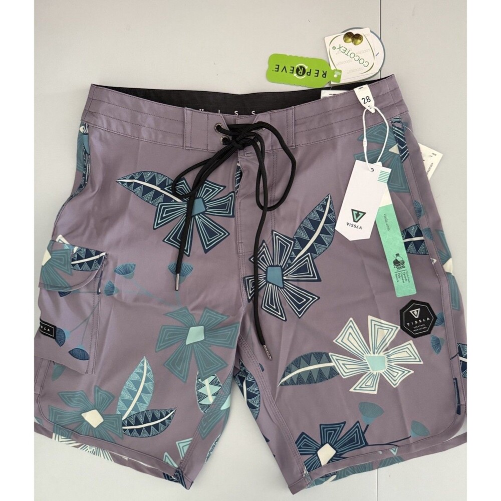 VISSLA Mens Board Shorts Size 28 SQUIGGY 18.5 Tribal Tropics Dusty Lilac NWT